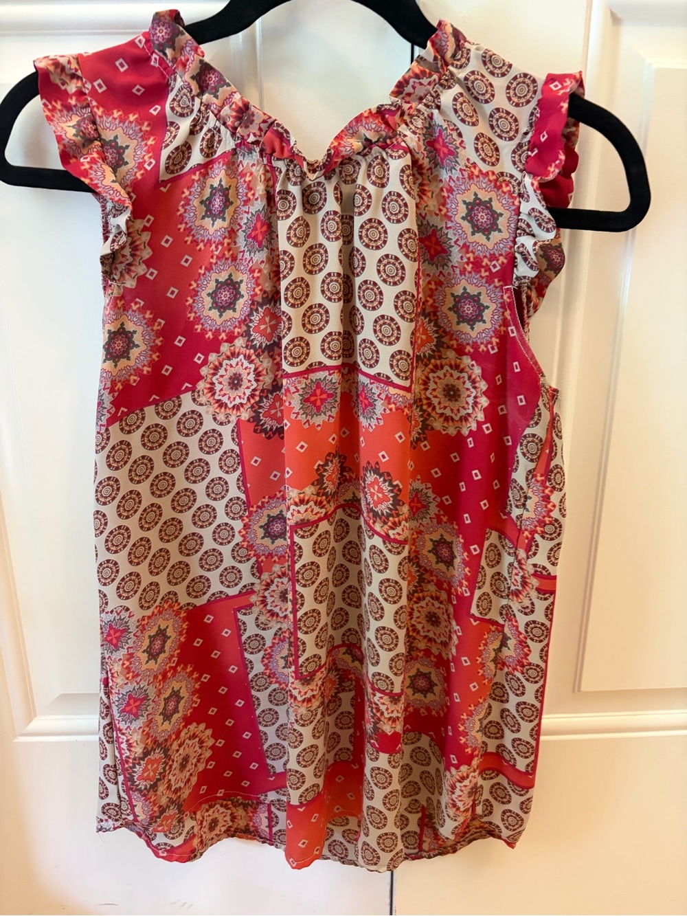 Barely worn - Spense Pink and Cream Patchwork Ruffle Cap-Sleeve Blouse